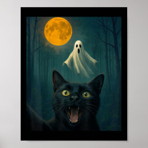 Grappige angstige kat selfie met spook Halloween D Poster