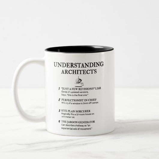 Grappige architectendefinities tweekleurige koffiemok (Links)