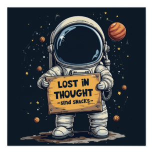 Grappige astronaut illustratie verloren in gedacht perfect poster