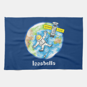 Grappige astronaut in de ruimte en aarde cartoon theedoek