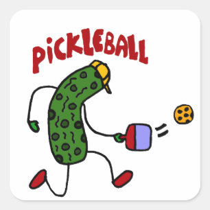 Grappige augurk spelen pickleball actie ontwerp vierkante sticker