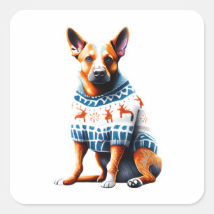 Grappige Australische Rundvee Hond in Kersttrui Vierkante Sticker