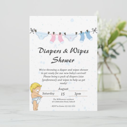 Grappige Baby Luier en Wipes Douche Uitnodiging (Staand voorkant)