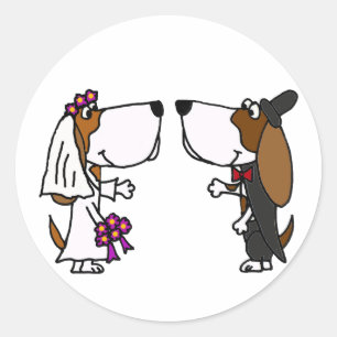Grappige Basset Hound Bruid en bruidegom Trouwkuns Ronde Sticker