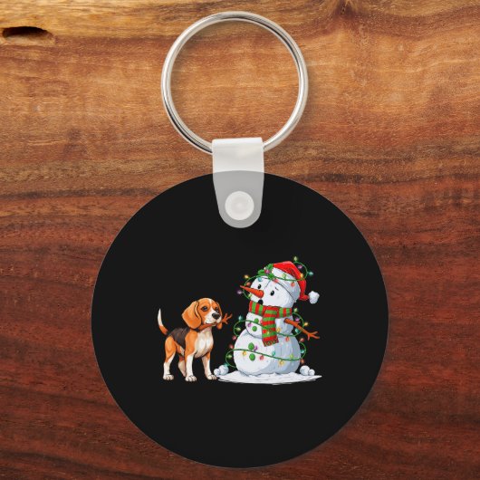 Grappige Beagle Hond Sneeuwman Kerstboom Lights XM Sleutelhanger (Voorkant)