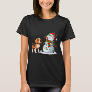 Grappige Beagle Hond Sneeuwman Kerstboom Lights XM T-shirt