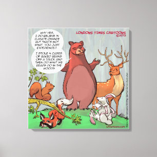 Grappige Beer In Bos Klimaatverandering Cartoon Canvas Afdruk