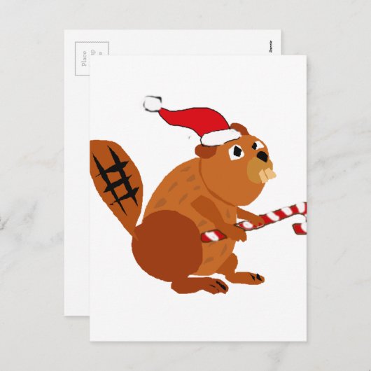 Grappige Bever in Santa Hat Kerstkunst Feestdagenkaart (Voorkant / Achterkant)