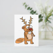 Grappige Bever met Rendier Antlers Kerstkunst Feestdagenkaart (Staand voorkant)