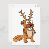 Grappige Bever met Rendier Antlers Kerstkunst Feestdagenkaart (Voorkant / Achterkant)