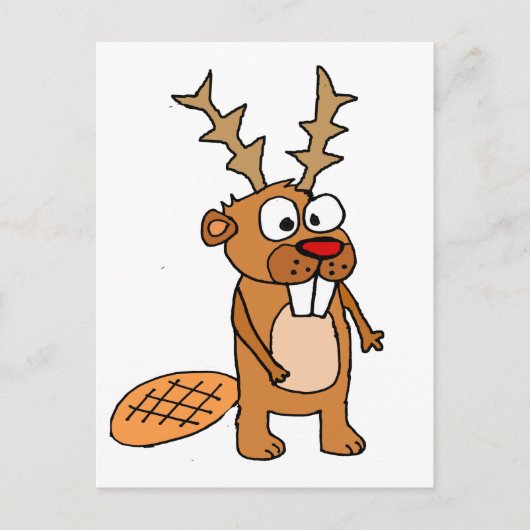 Grappige Bever met Rendier Antlers Kerstkunst Feestdagenkaart (Voorkant)