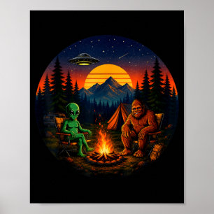Grappige bigfoot buitenaardse camping retro ufo ka poster