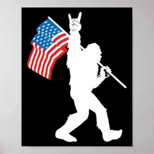 Grappige Bigfoot Rock And Roll USA Vlag Voor Sasqu Poster
