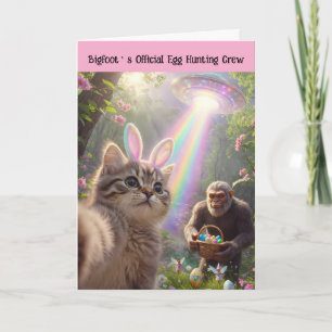 Grappige Bigfoot-UFO-Pasen-Cute-Kitten-Selfie Feestdagen Kaart