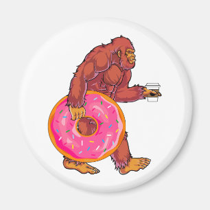 Grappige Bigfoot Walking met Grote Donut en Koffie Magneet