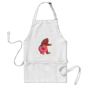 Grappige Bigfoot Walking met Grote Donut en Koffie Standaard Schort