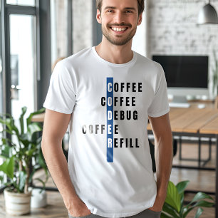 Grappige blauwe computer programmeur koffie debug t-shirt