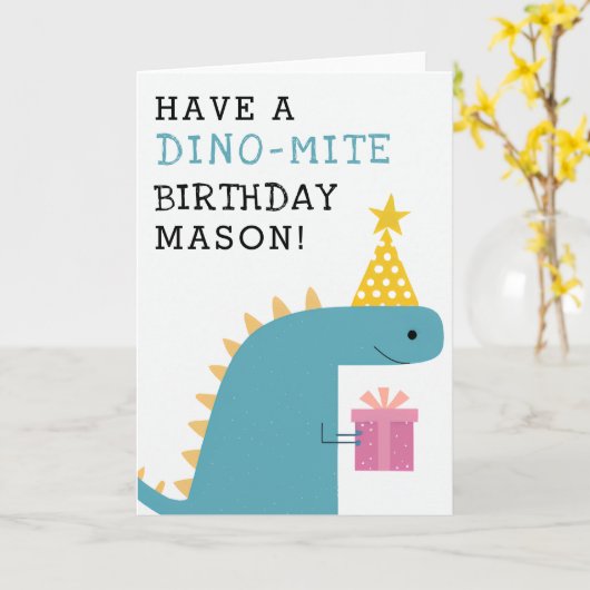 Grappige blauwe dinosaurus verjaardag kaart (Gele Bloem)