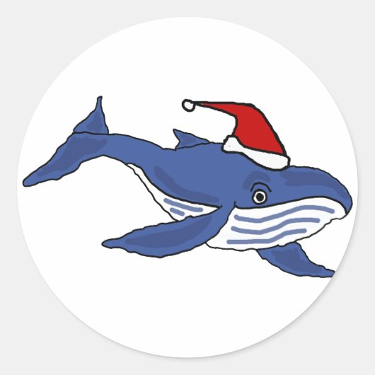 Grappige Blauwe Walvis in Santa hoed Kerstkunst Ronde Sticker (Voorkant)