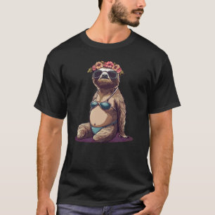 Grappige Bloemen Kroon en Luiaard in Bikini Kostuu T-shirt