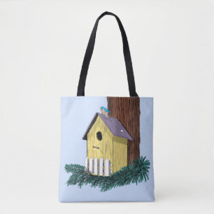 Grappige Bluebird op Birdhouse Draagtas
