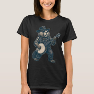 Grappige Bluegrass Bever Retro Countrymuziek Kunst T-shirt