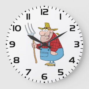 Grappige boer met hooivork overall en strohoed grote klok