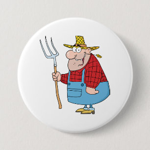 Grappige boer met hooivork overall en strohoed ronde button 7,6 cm
