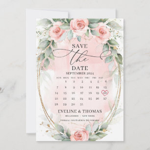 Grappige boho stoffige roze rozen en eucalyptus save the date