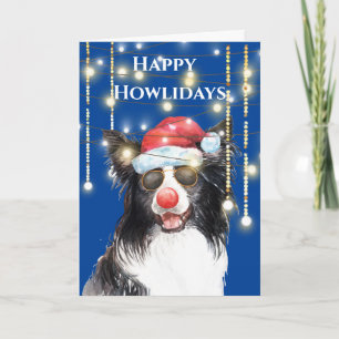 Grappige border collie in lichtjes met rode kerstm kaart