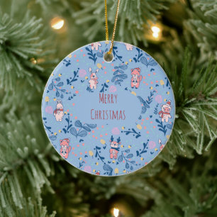 Grappige bosvrienden Blauwe winterbospatroon Keramisch Ornament