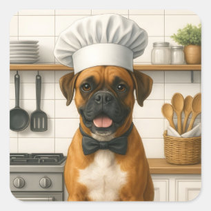Grappige Boxer Chef Hond In Keuken Voor Thuiskoks Vierkante Sticker