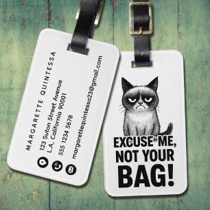 Grappige Boze Kat Humor Zwart en Wit Mopshondje Bagagelabel