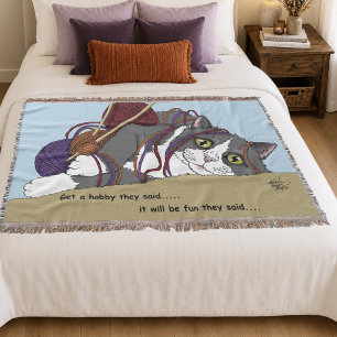 Grappige Breiende Kat In De War Yarn Hobby Humor Deken