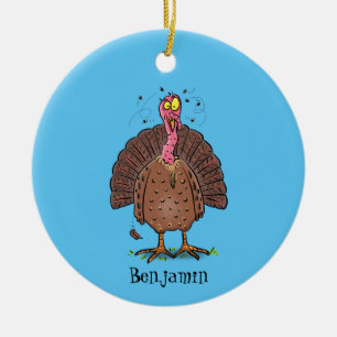 Grappige bruine kalkoen met vliegen cartoon keramisch ornament