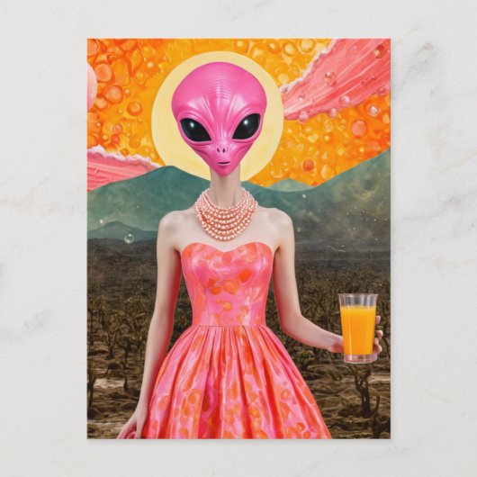 Grappige buitenaardse dame in roze met Oranje sap Briefkaart (Voorkant)