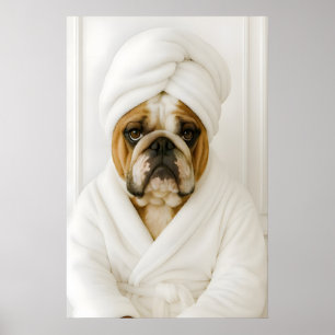 Grappige Bulldog Badkamer Print, Bulldog In Badjas Poster
