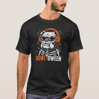 Grappige Bulldog Halloween Skelet Howl-Oween DJ Ho T-shirt