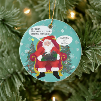 Grappige Calico-kat bezoekt de kerstman met hilari Keramisch Ornament