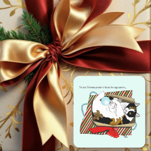 Grappige Calico Kat Kerstcadeau Doos Vierkante Sticker