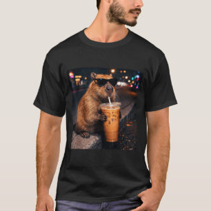 Grappige capybara die ijskoude koffie drinkt, dier t-shirt