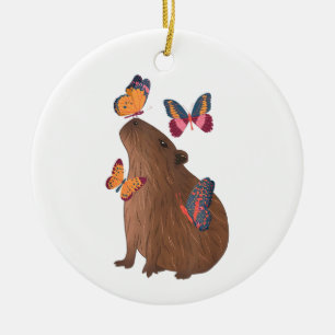 Grappige Capybara met Vlinder – Knagend Cute Dier Keramisch Ornament