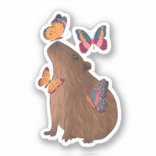 Grappige Capybara met Vlinder – Knagend Dier is Cu Sticker