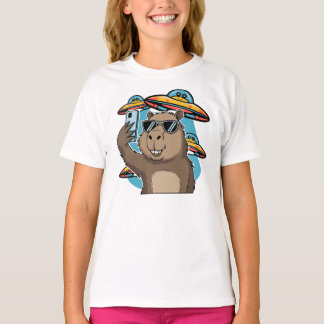 Grappige Capybara Selfie met UFO Alien Space T-Shi T-shirt