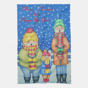 Grappige Carol Zangers in de sneeuw Leuke Kerstmis Theedoek