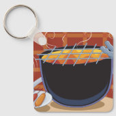 Grappige Cartoon BBQ Grill met Tangen en Spiesjes Sleutelhanger (Voorkant)