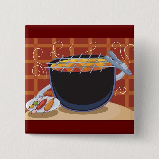Grappige Cartoon BBQ Grill met Tangen en Spiesjes Vierkante Button 5,1 Cm (Voorkant)