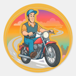 🏍️ Grappige Cartoon Biker op Motorfiets Pret  Ronde Sticker