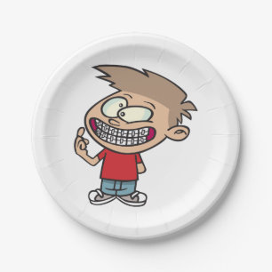 Grappige Cartoon Boy met Braces Smile Papieren Bordje