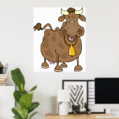 Grappige Cartoon Bruine Koe met Bell Boerderij Ani Poster (Thuiskantoor)